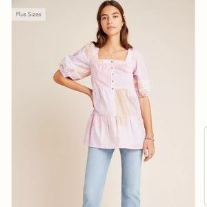 Anthropologie Gable Tiered Square Neck Puff Sleeve Pink Tunic Top Size S…